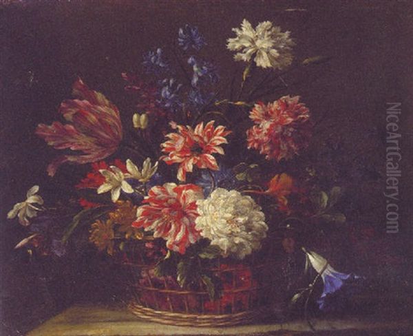 Flowers In A Basket On A Ledge Oil Painting by Jean-Baptiste Monnoyer