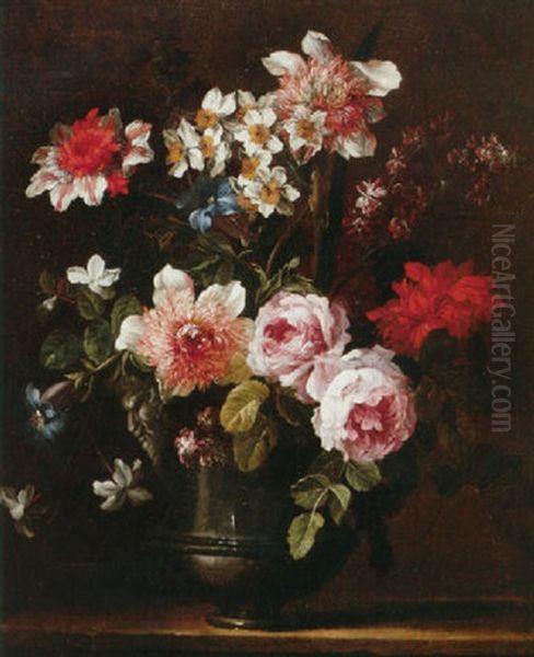 A Still Life Of Roses, Carnations, Chrysanthemums And Other Flowers In A Pewter Urn, Decorated With A Sculpted Satyr Head Oil Painting by Jean-Baptiste Monnoyer