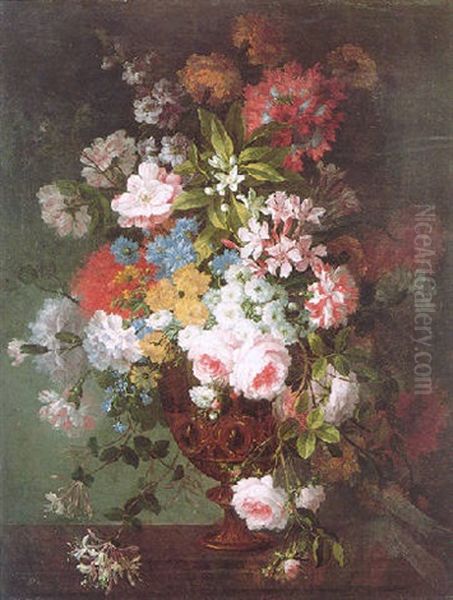 A Still Life Of Roses, Cornflowers, Orange Blossom, Honeysuckle And Other Flowers In A Moulded Bronze Vase On A Stone Ledge Oil Painting by Jean-Baptiste Monnoyer