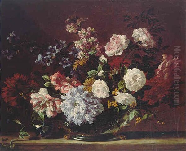 A Still Life Of Hyacinths, Roses, Convolvulus And Other Flowers In A Gilt Mounted Silver Vase On A Stone Ledge Oil Painting by Jean-Baptiste Monnoyer