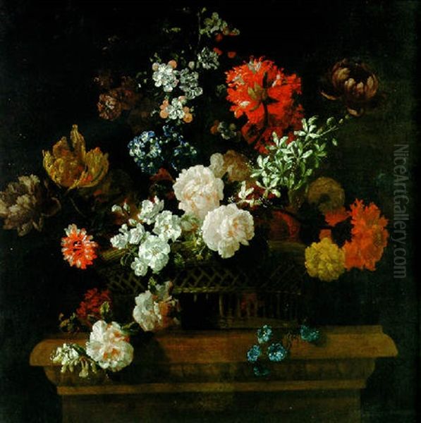 Roses, Convolvulus, Spider Lilies And Other Flowers In A Basket On A Pedestal Oil Painting by Jean-Baptiste Monnoyer