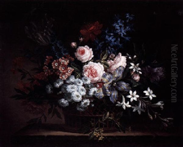 A Still Life Of Roses, Azaleas, Variegated Tulips And Other Flowers In A Wicker Basket, Upon A Stone Ledge Oil Painting by Jean-Baptiste Monnoyer