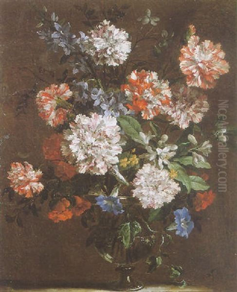 Bouquet De Fleurs Dans Un Vase En Verre Sur Un Entablement Oil Painting by Jean-Baptiste Monnoyer