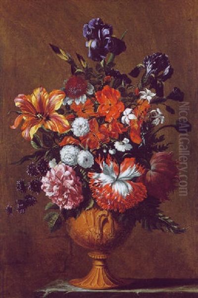 Blumenstraus In Einer Franzosischen, Ornamental Verzierten Keramikvase Oil Painting by Jean-Baptiste Monnoyer