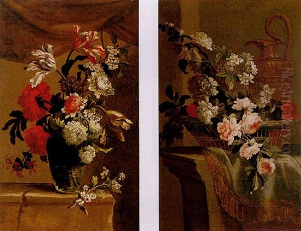 A Still Life Of Various Flowers In A Glass Vase, On A Stone Ledge Oil Painting by Jean-Baptiste Monnoyer