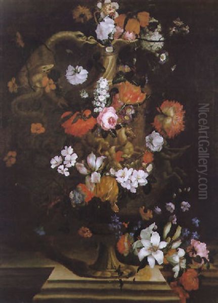 Still Life Of Flowers Cascading From A Vase With A Serpent-shaped Handle Oil Painting by Jean-Baptiste Monnoyer