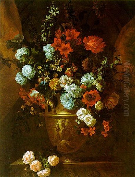 A Still Life Of Roses, Parrot Tulips, Lilac, Marigolds And Other Flowers In A Sculpted Vase Upon A Stone Plinth Within A Niche Oil Painting by Jean-Baptiste Monnoyer