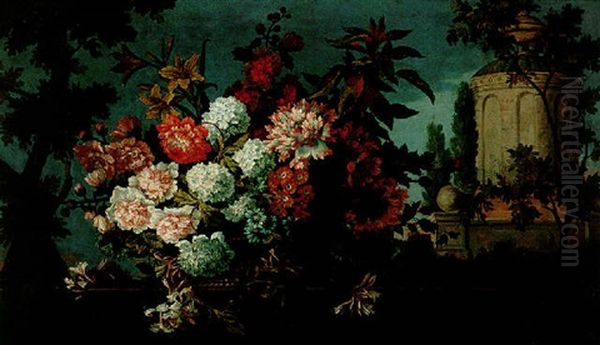 A Still Life Of Flowers In A Basket Resting Upon A Ledge, A Folly And An Ornamental Garden Beyond Oil Painting by Jean-Baptiste Monnoyer