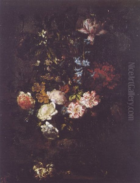 A Still Life Of Tulips, Poppies, Roses, Hyacinths, Orange Blossom, And Other Flowers In A Bronze Vase On A Stone Ledge Oil Painting by Jean-Baptiste Monnoyer