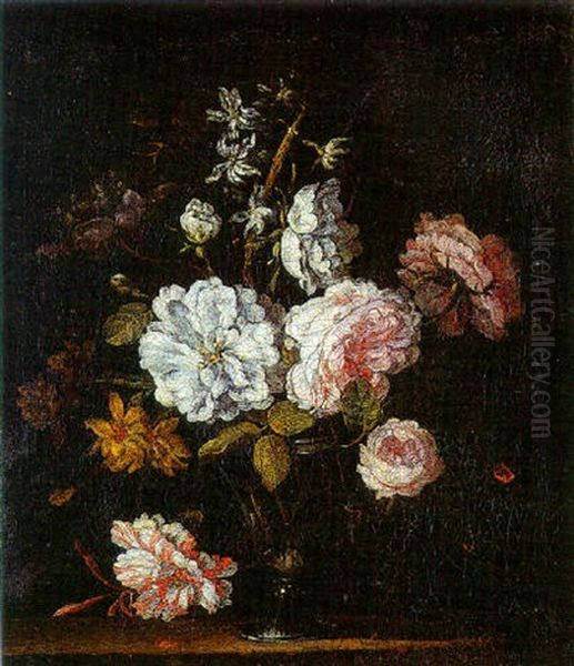 Bouquet De Fleurs Dans Un Vase Sur Un Entablement Oil Painting by Jean-Baptiste Monnoyer