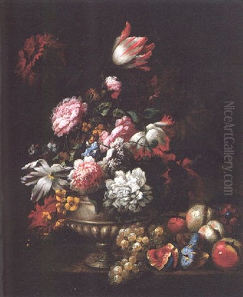 Tulips. Roses, Poppies And Other Flowers In A Vase With Fruit On A Ledge Oil Painting by Jean-Baptiste Monnoyer