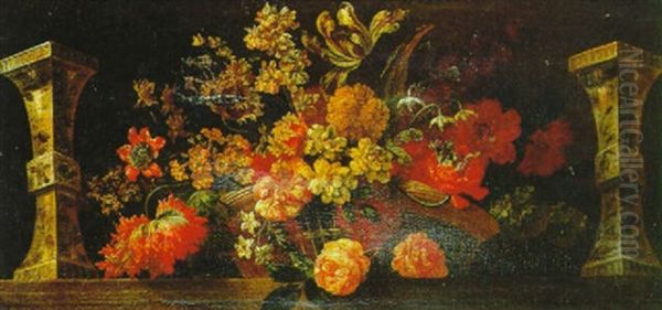 Still Life Of A Basket Of Flowers On A Ledge Between Baluster Vases Oil Painting by Jean-Baptiste Monnoyer