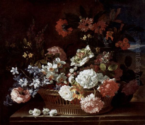 Roses, Narcissi And Other Flowers In A Wicker Basket On A Stone Ledge, A Landscape Beyond Oil Painting by Jean-Baptiste Monnoyer