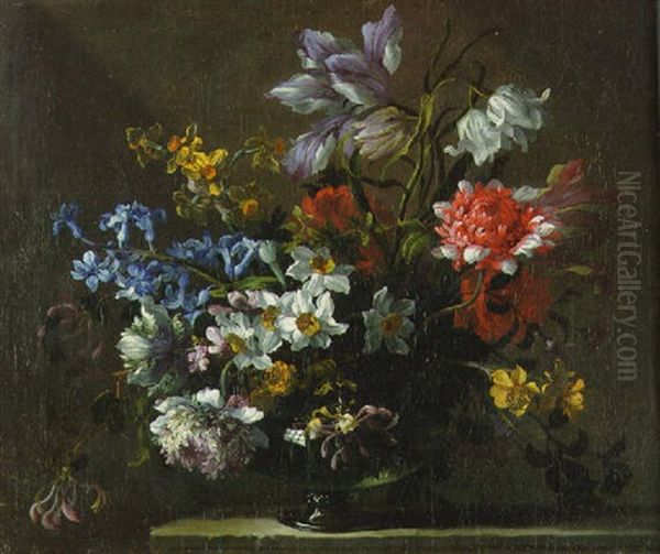 Narcissi, Peonies And Other Flowers In A Glass Vase On A Ledge Oil Painting by Jean-Baptiste Monnoyer