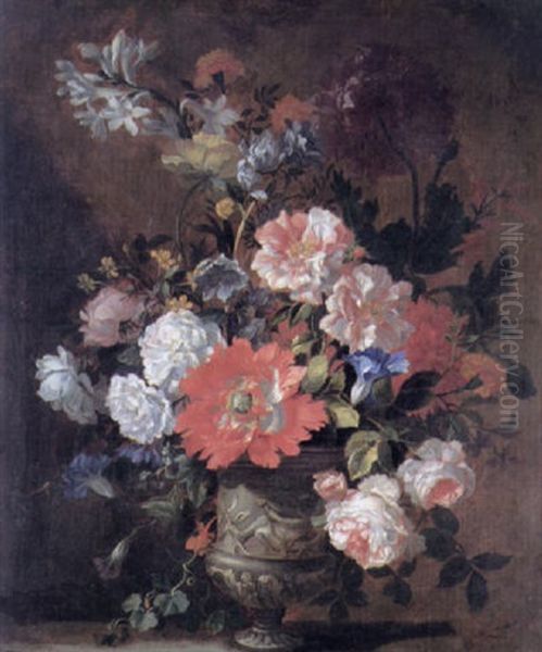 Still Life Of Roses, A Poppy, Peonies, Hyacinths, Convolvulus And Other Flowers In A Stone Vase On A Stone Ledge Oil Painting by Jean-Baptiste Monnoyer