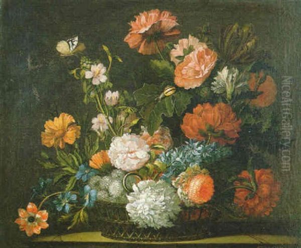 Anemones, Dahlias, Peonies And Tulips In A Basket Oil Painting by Jean-Baptiste Monnoyer