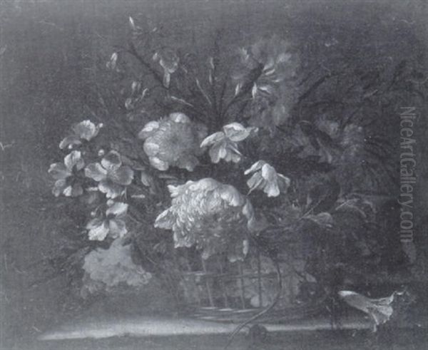 Bouquet De Fleurs Dans Une Corbeille D'osier Sur Un Entablement Oil Painting by Jean-Baptiste Monnoyer