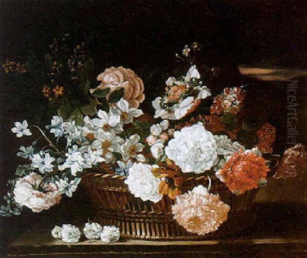 Still Life Of Various Flowers In A Basket Oil Painting by Jean-Baptiste Monnoyer