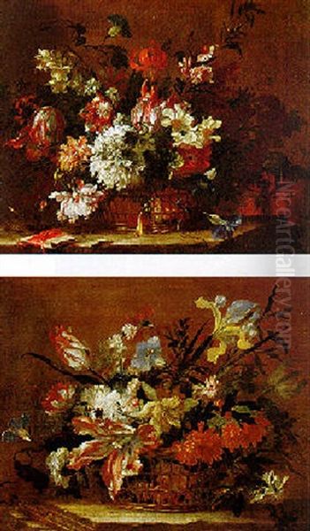 Floral Still Life In A Basket Oil Painting by Jean-Baptiste Monnoyer