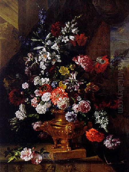 Still Life Of Flowers In A Gilded Vase Oil Painting by Jean-Baptiste Monnoyer