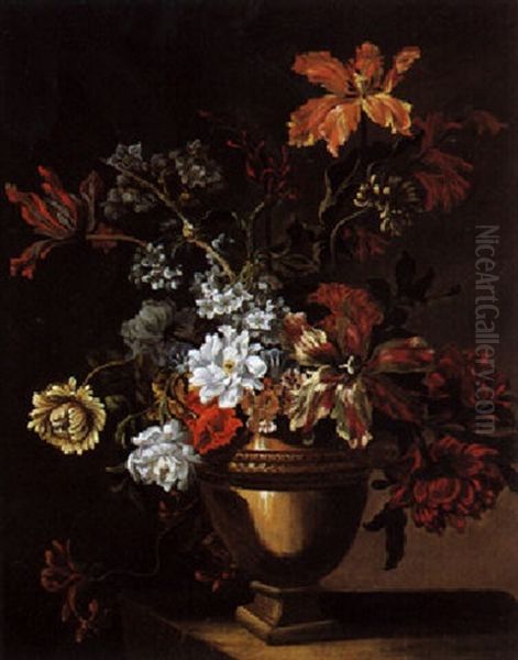 Bouquet De Fleurs Dans Un Vase En Pierre Sur Une Entablement Oil Painting by Jean-Baptiste Monnoyer