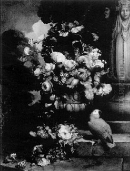 Still Life Of A Vase Of Flowers In A Stone Urn And Parrot Oil Painting by Jean-Baptiste Monnoyer