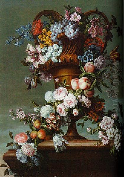 Grapes, Roses, Tulips, Hyacinth, Peaches, Plums And Other Flowers Entwined Around A Vase Oil Painting by Jean-Baptiste Monnoyer