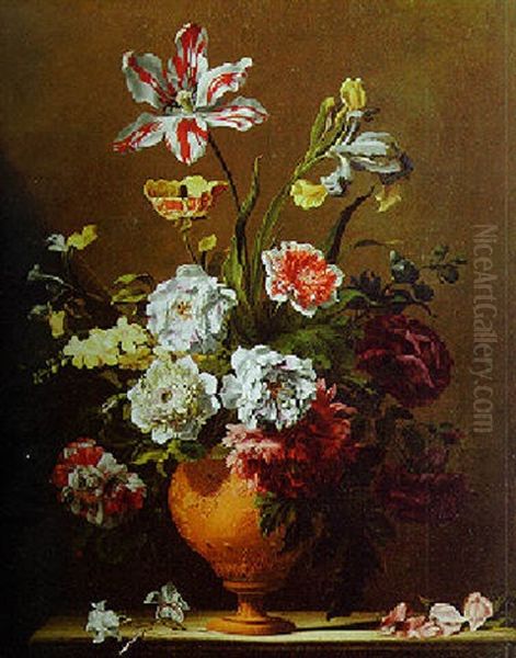 Tulips, Irises, Poppies And Other Flowers In A Terracotta Vase With Petals On A Stone Ledge Oil Painting by Jean-Baptiste Monnoyer