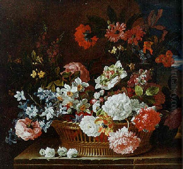 Roses, Narcissi, A Hyacinth, Primulae And Other Flowers In A Wicker Basket, Landscape Beyond Oil Painting by Jean-Baptiste Monnoyer