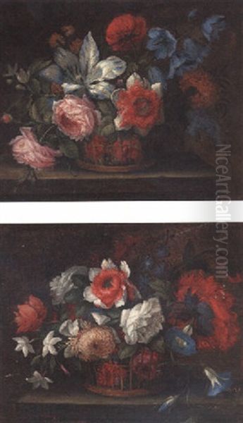 Roses, Carnations, A Parrot Tulip, A Poppy And Other Flowers In A Basket On A Ledge Oil Painting by Jean-Baptiste Monnoyer