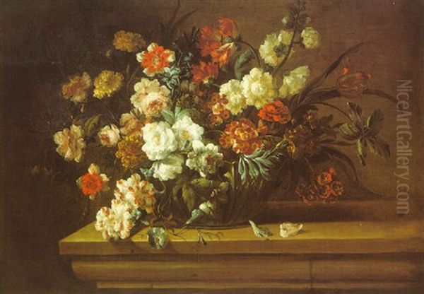 A Still With Roses, Carnations, Marigolds And Other Flowers In A Glass Vase Oil Painting by Jean-Baptiste Monnoyer