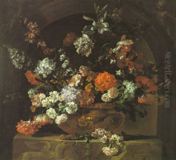 Still Life Of Roses, Carnations, Parrot Tulips, And Other Flowers In A Gilt Urn Upon Carved Pedestal Oil Painting by Jean-Baptiste Monnoyer