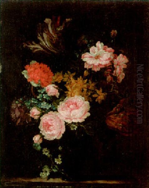 Roses, Tulips And Other Flowers In A Glass Vase On A Ledge Oil Painting by Jean-Baptiste Monnoyer