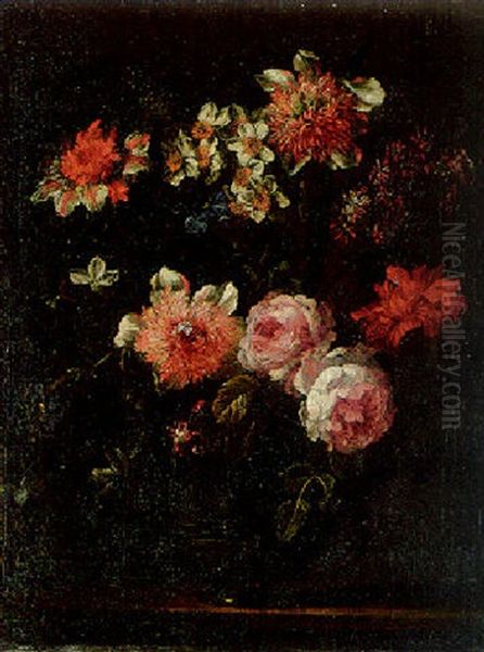 Roses, Narcissi And Other Flowers In A Pewter Vase On A Ledge by Jean-Baptiste Monnoyer