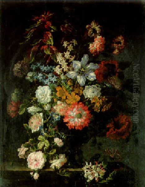 Carnations, Roses, Tulips, And Other Flowers In A Glass Vase On A Ledge Oil Painting by Jean-Baptiste Monnoyer