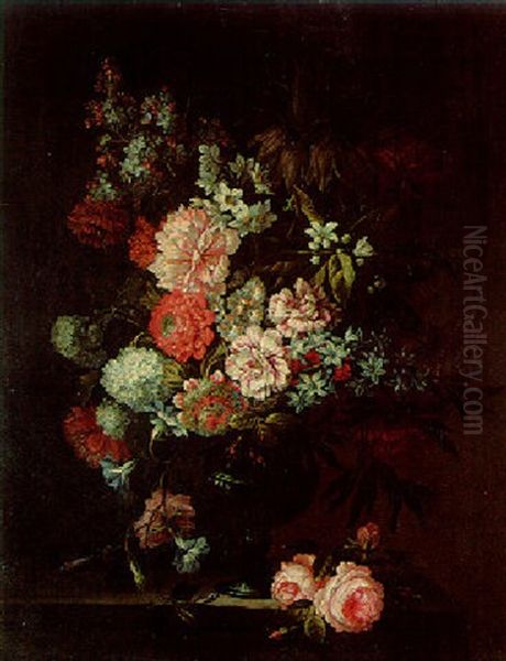 Roses, Hyacinths, Lilacs And Other Flowers In An Urn On A Ledge Oil Painting by Jean-Baptiste Monnoyer