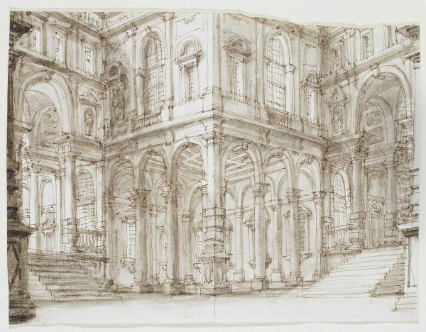 An Architectural Capriccio Of A Courtyard Oil Painting by Carlo Galli Bibiena