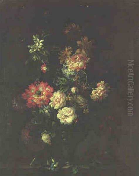 Pink Roses, Carnations, Turk's-cap Lilies, And Other Flowers In A Glass Vase On A Ledge Oil Painting by Jean-Baptiste Monnoyer