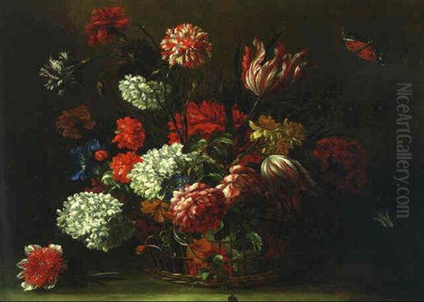 Parrot Tulips, Carnations, Chrysanthemums, Convovulus And Other Flowers In A Basket Oil Painting by Jean-Baptiste Monnoyer