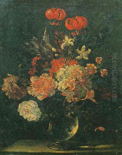 Bouquet De Fleurs Dans Un Vase En Verre Sur Un Entablement Oil Painting by Jean-Baptiste Monnoyer