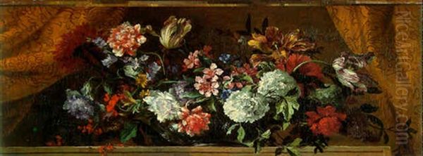 Flowers In A Glass Bowl On A Stone Ledge Oil Painting by Jean-Baptiste Monnoyer