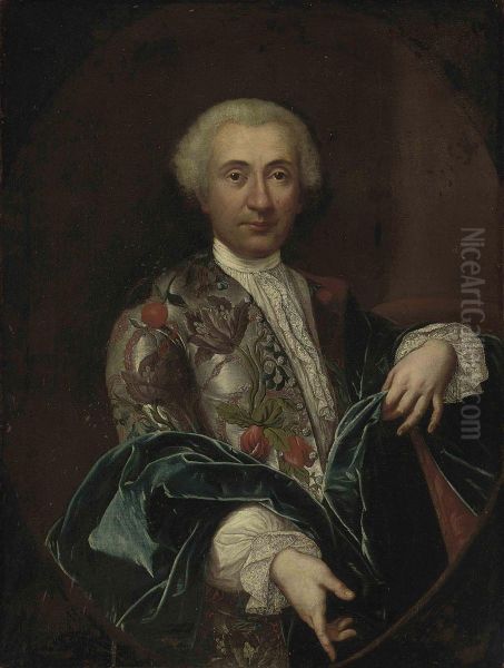 Amalfi Portrait Of A Gentleman, Half-length, In A Grey Silk Jacket, Richlyembroidered With Flowers, Lace Collar And Cuffs, And A Blue Wrap Oil Painting by Carlo Galli Bibiena