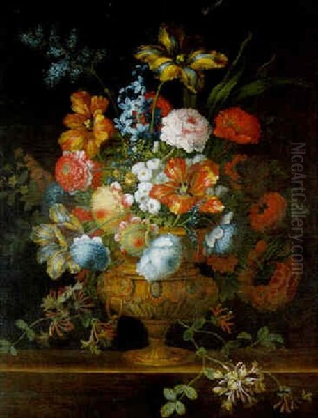 Flowers In An Urn On A Ledge Oil Painting by Jean-Baptiste Monnoyer