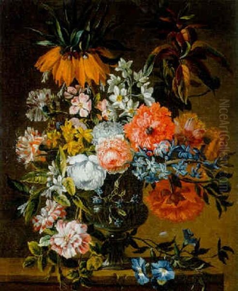 Flowers In A Glass Vase On A Stone Ledge Oil Painting by Jean-Baptiste Monnoyer