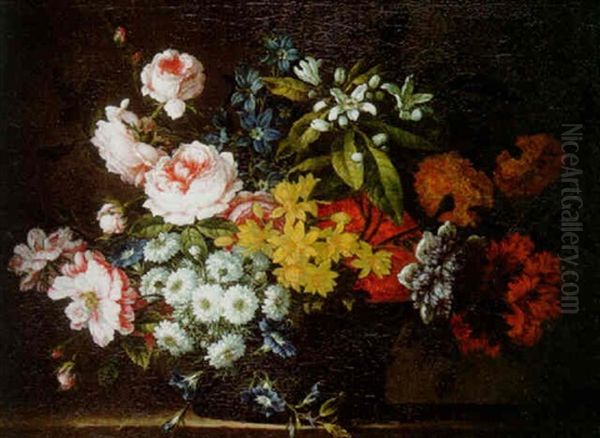 Flowers In A Basket On A Ledge Oil Painting by Jean-Baptiste Monnoyer