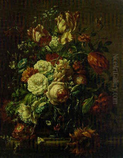 Roses And Other Flowers In A Glass Vase On A Ledge Oil Painting by Jean-Baptiste Monnoyer