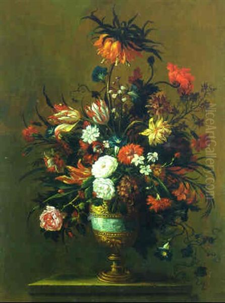 Flowers In An Ornamental Urn On A Pedestal Oil Painting by Jean-Baptiste Monnoyer