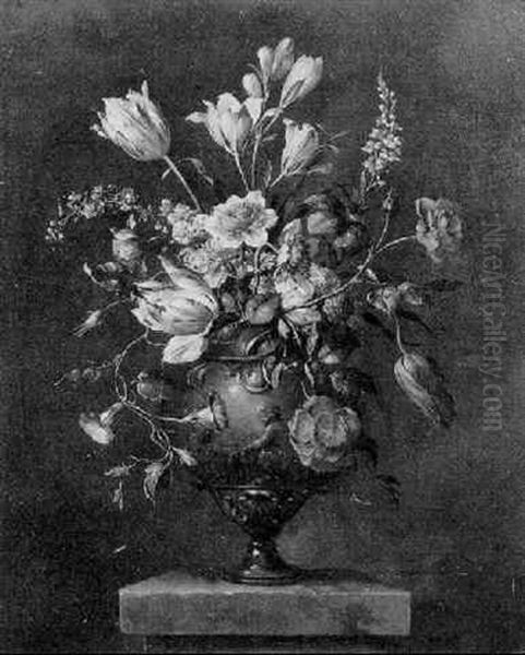 Flowers In A Sculpted Vase On A Pedestal Oil Painting by Jean-Baptiste Monnoyer