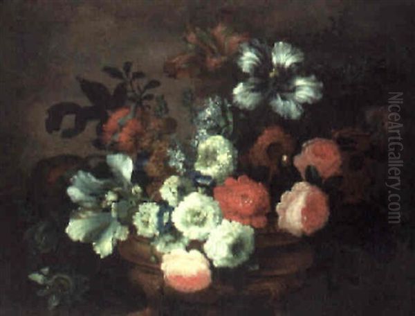 Still Life Of Flowers In A Vase, All On A Stone Ledge Oil Painting by Jean-Baptiste Monnoyer