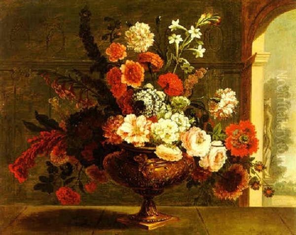 Still Life Of Flowers In An Elaborately Carved Vase, Resting On A Ledge Near An Open Window Oil Painting by Jean-Baptiste Monnoyer